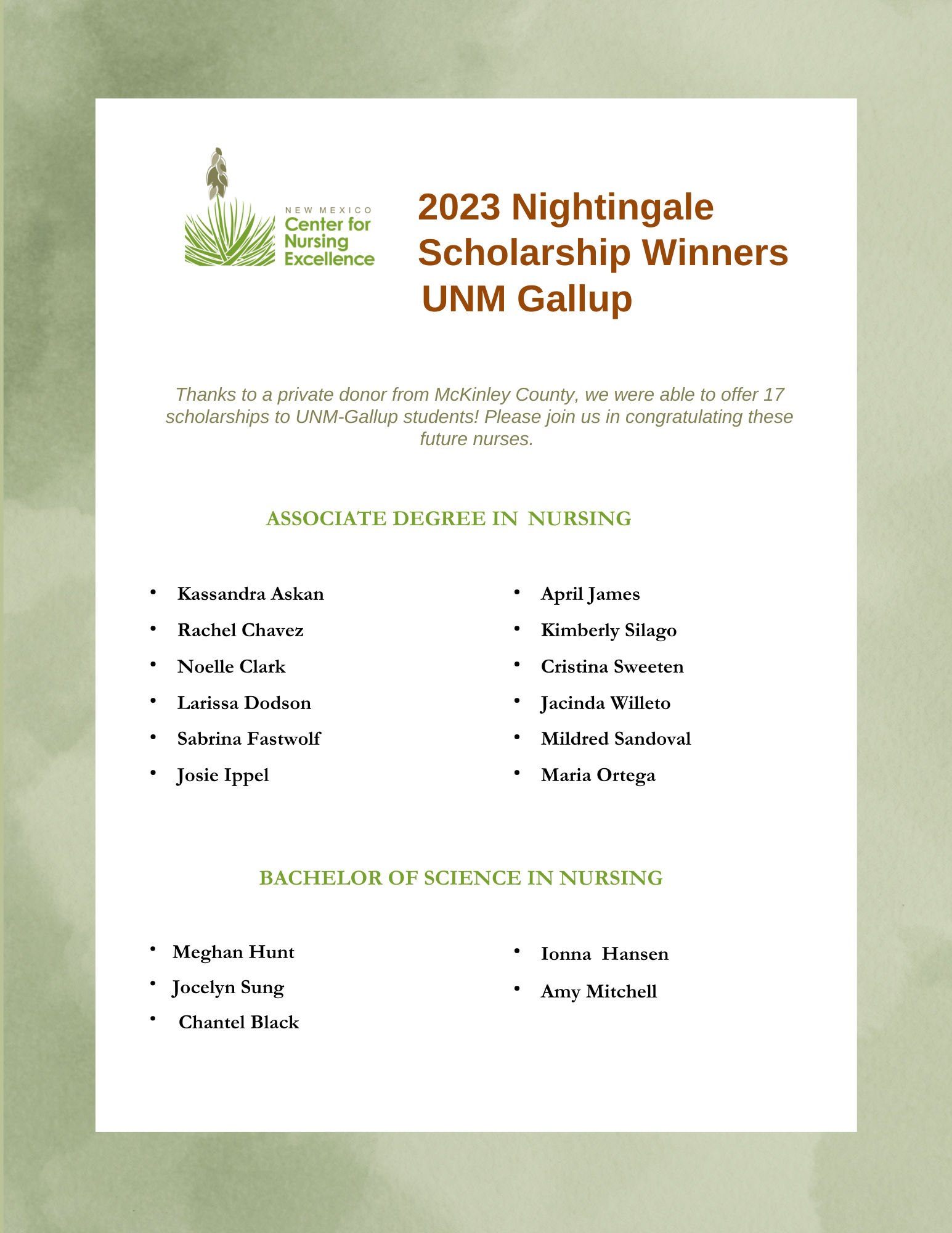 2023 UNM Gallup Nightingale Scholarship Recipients